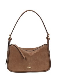 Brown suede handbag with a curved shape, gold zipper, and logo. Features a single shoulder strap and a textured surface.