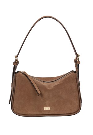 Braune Wildlederhandtasche mit geschwungener Form, goldener Reißverschluss und Logo. Verfügt über einen einzelnen Schultergurt und eine strukturierte Oberfläche.