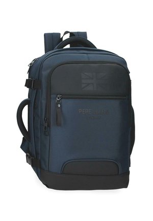 Zaino Pepe Jeans blu navy e nero con tasche frontali con cerniera, spallacci imbottiti, maniglie laterali e dettaglio Union Jack discreto.