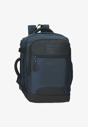 Zaino Pepe Jeans blu navy e nero con tasche frontali con cerniera, spallacci imbottiti, maniglie laterali e dettaglio Union Jack discreto.