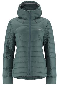 Groene geïsoleerde jas met een capuchon, voorzien van een rits aan de voorkant, een puffy gewatteerde textuur en trekkoorden bij de kraag voor aanpassing.