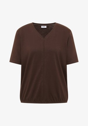 Blouse marron pour femmes à manches courtes avec encolure en V, couture subtile sur le devant et ourlet élastiqué.
