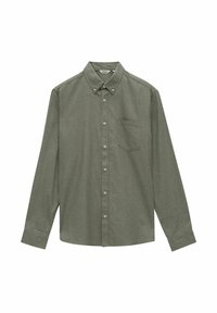 Lange mouwen knoopshirt in donkergroen, gemaakt van textuurstof. Beschikt over een klein borstzakje en een klassieke kraagontwerp met knopen.