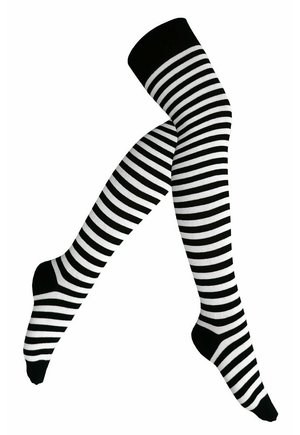 Des chaussettes montantes noir et blanc avec des rayures horizontales, un haut de bande noire unie et un tissu doux et extensible.