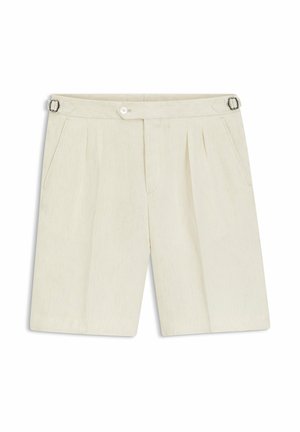 Roomkleurige op maat gemaakte shorts met plooien aan de voorkant, zijzakken, knoopsluiting en verstelbare zijbanden met gesp.