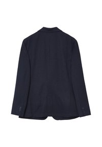 Blazer navy con tessuto testurizzato, design a un solo petto, revers a punta e polsini con bottone; presenta due tasche laterali e uno spacco posteriore.