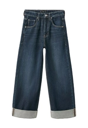 Vaqueros de pierna ancha en azul oscuro con dobladillos enrollados, bolsillos delanteros, cierre de botones y trabillas para cinturón.