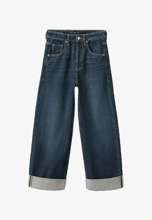 Temno modre široke kavbojke z zavihanimi robovi, sprednjimi žepi, zapiranjem na gumbe in zankami za pas.