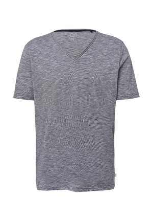 Szary t-shirt z dekoltem w kształcie litery V, z krótkimi rękawami, wykonany z miękkiej, teksturowanej tkaniny; posiada subtelną wzór w paski oraz kontrastowy wnętrze dekoltu.