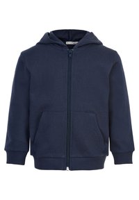 Haut à capuche zippé bleu marine en coton doux, avec une poche avant, des poignets côtelés et une grande capuche. Design épuré et simple sans motifs.
