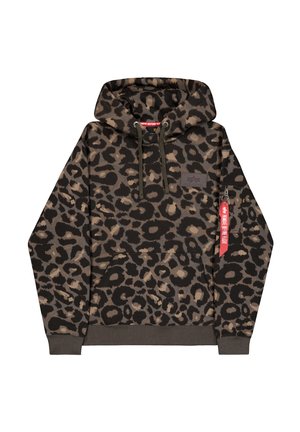 Hoodie sa uzorkom leoparda sa prednjim džepom, kapuljačom sa ušicom, džepom na rukavu sa patent zatvaračem i crvenom oznakom "Uklonite prije leta" na desnom rukavu.