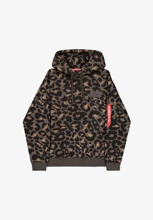 Hoodie mit Leopardenmuster, Fronttasche, Kapuze mit Kordelzug, Reißverschlussfach am Ärmel und rotem "Remove Before Flight"-Tag am Reißverschluss des rechten Ärmels.