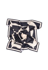 Silkeslørf med en mørk navy baggrund, præget af cremede bladmønstre og en kant, som fremhæver den glatte tekstur og det elegante design.
