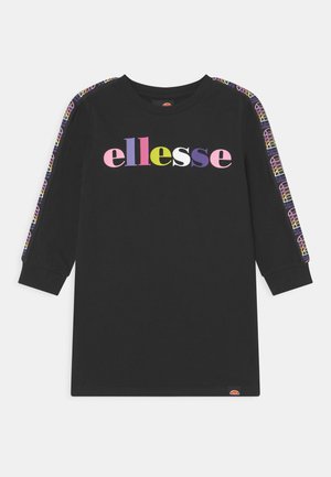 Czarna sukienka z długim rękawem z kolorowym logo „ellesse” na piersi oraz pasującymi wzorzystymi paskami na rękawach.