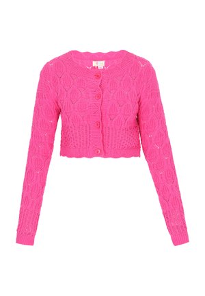 Rosa gestrickte Strickjacke mit einem gekürzten Design, Blättermuster und drei Knöpfen vorne. Lange Ärmel mit gerippten Bündchen.