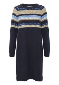 Mörkblå stickad klänning med långa ärmar, med ett flerfärgat geometriskt och randigt mönster i blått, kräm och brunt över bröstet.