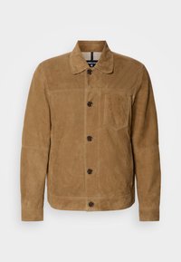 Brown suede jacket with a collar, button closure, and chest pocket. Features a smooth texture and contrasting stitching details.