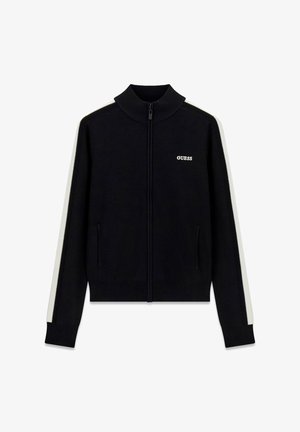 Maglione nero con zip, strisce bianche lungo le maniche e logo "GUESS" sul petto a sinistra, colletto, polsini e orlo a coste.