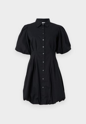 Fekete rövid ujjú ingruha pufós ujjakkal, gombos elejű, szabott derékkal és ballon alakú szegéllyel.