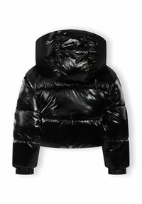 Giacca a vento nera con finitura lucida, dotata di cappuccio, polsini elasticizzati e pannelli cuciti per l'isolamento. Design di lunghezza cropped.