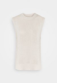 Ärmelloses Stricktop in Hellbeige mit rundem Ausschnitt, gerippten Kanten und glatter Textur. Ideal zum Schichten oder für warmes Wetter.