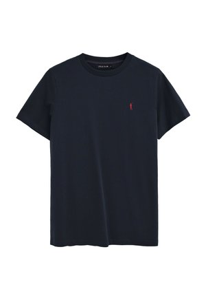 T-shirt nera a maniche corte con scollo rotondo e piccolo logo rosso ricamato di un giocatore di polo sul petto a sinistra.