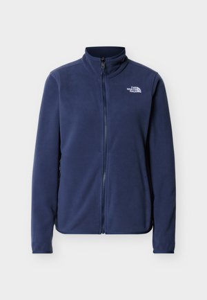 Navy blue fleece jacket with a high collar and full-length zipper. Features a left chest logo and smooth, soft texture.