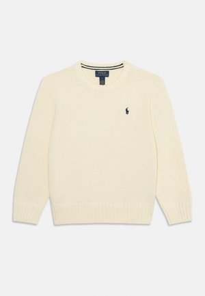 Cremefarbener, gestrickter Pullover mit Rundhalsausschnitt, langen Ärmeln und einem kleinen dunkelblauen Polo Ralph Lauren Logo auf der Brust.