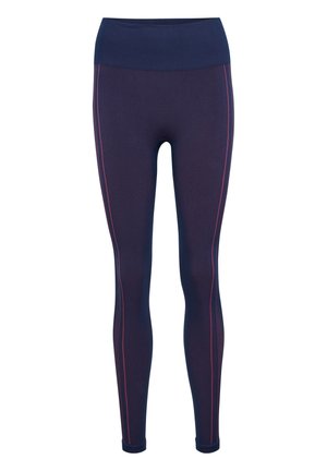 Leggings bleu marine taille haute avec de subtiles rayures verticales roses le long des côtés, conçus pour un usage sportif ou décontracté.