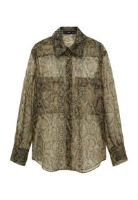 Przezroczysta koszula z długim rękawem w brązowo-beżowy wzór węża, z kołnierzykiem, zapięciem na guziki z przodu i dwoma kieszeniami z przodu. Lekka, teksturowana tkanina.