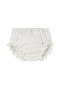 Culotte pour bébé blanche à volants, en tissu doux avec un motif texturé et une taille élastique, présentant un design froncé pour plus de confort.