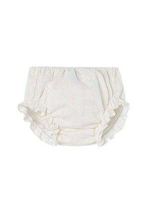 Culotte pour bébé blanche à volants, en tissu doux avec un motif texturé et une taille élastique, présentant un design froncé pour plus de confort.