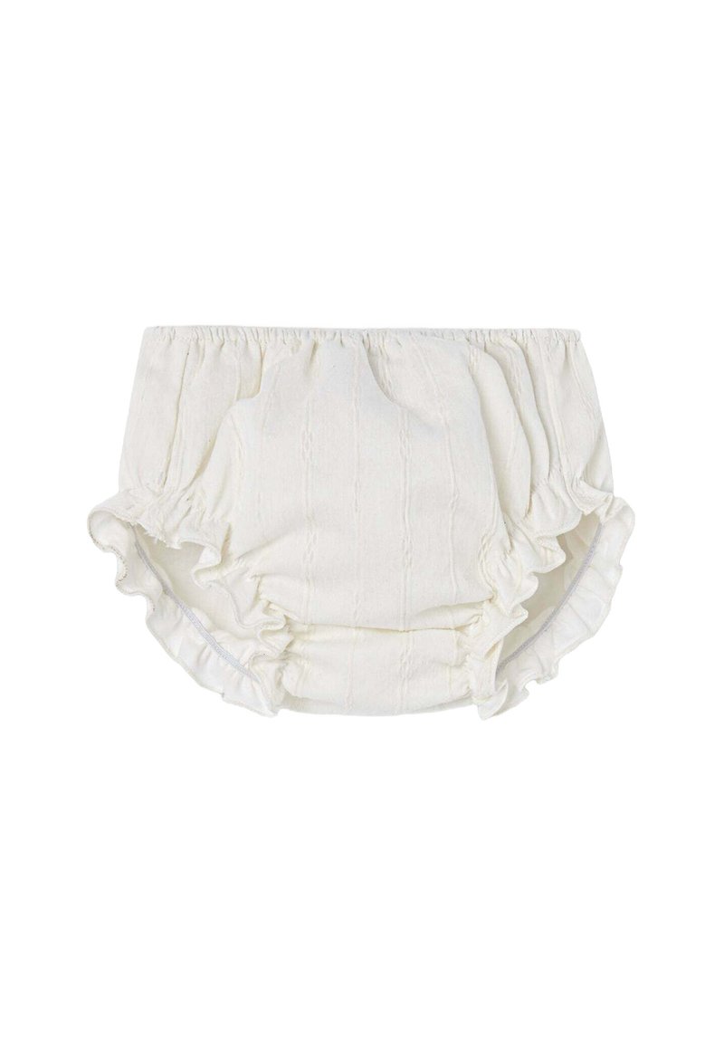 Culotte pour bébé blanche à volants, en tissu doux avec un motif texturé et une taille élastique, présentant un design froncé pour plus de confort.