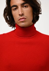 Roter Rollkragenpullover aus weichem Strickstoff. Verfügt über einen hohen Kragen und ein gerades Design, das eine glatte, gleichmäßige Textur präsentiert.