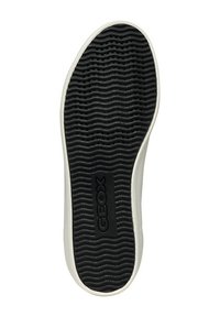 Black textured rubber sole with a wave pattern, white side walls, and embossed "GEOX" logo. Rounded toe, designed for breathability.