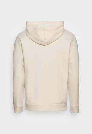 Beige Kapuzenpullover mit langen Ärmeln, geripptem Bündchen und Saum, von hinten auf einfarbigem Hintergrund gezeigt.