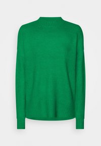 Grüner Strickpullover mit hochgeschlossenem Kragen und gerippten Bündchen. Das Material wirkt weich mit glatter Textur und lässiger Passform.