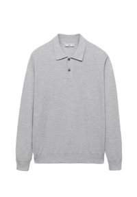 Hellgrau langärmliges Poloshirt mit zwei schwarzen Knöpfen und Kragen, gefertigt aus strukturierter Stoff.