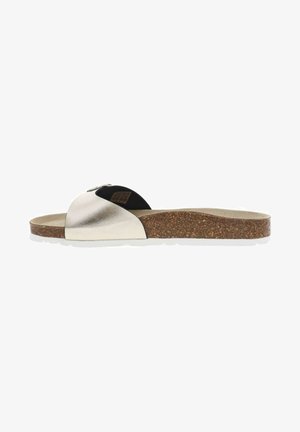 Metallische slide-sandaal met zwarte accenten. Glad bovenwerk, kurken tussenzool, witte rubberen outsole. Ronde teen en open ontwerp voor ademend vermogen.