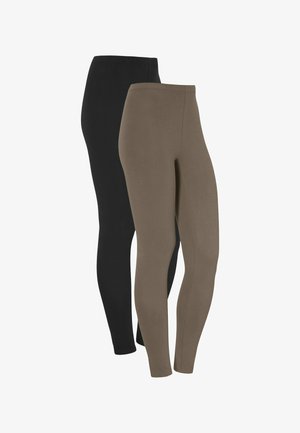Twee paar leggings: een zwarte en een olijfgroene. Ze hebben een gladde textuur, een getailleerd ontwerp en een hoge tailleband voor comfort.