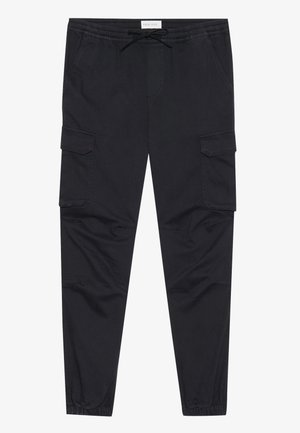Pantalons cargo noirs en tissu tissé, dotés d'une taille avec cordon de serrage, de poches latérales et de poignets élastiques pour une coupe fuselée.