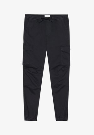 Black cargo pants made of woven fabric, featuring a drawstring waist, side pockets, and elastic cuffs for a tapered fit.