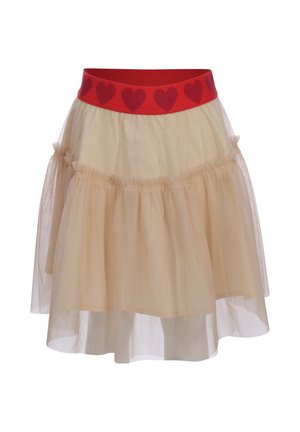 Beige gelaagde tulerok met een brede rode tailleband met een patroon van donkerrode harten.