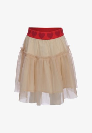 Beige gelaagde tulerok met een brede rode tailleband met een patroon van donkerrode harten.