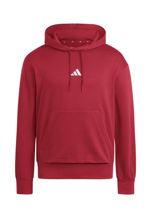 Felpa con cappuccio rossa con tasca a marsupio frontale, cappuccio regolabile con coulisse e piccolo logo Adidas bianco al centro del petto.
