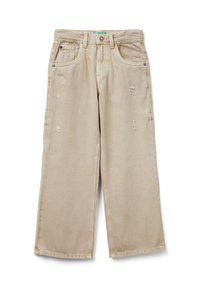 Béžové široké džíny s lehkým opotřebením, pěti kapsami, zapínáním na knoflík a poutky na opasek, položeny na bílé pozadí.