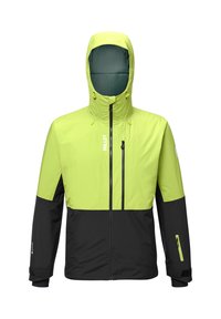 Veste imperméable avec un dessus vert lime vif et des panneaux inférieurs noirs, poches zippées et capuche ajustable.
