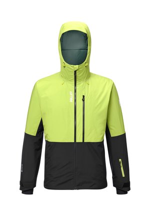 Wasserabweisende Jacke mit einem leuchtend limonengrünen Oberteil und schwarzen Unterpaneelen, mit Reißverschlusstaschen und einer verstellbaren Kapuze.