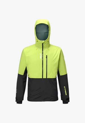 Wasserabweisende Jacke mit einem leuchtend limonengrünen Oberteil und schwarzen Unterpaneelen, mit Reißverschlusstaschen und einer verstellbaren Kapuze.
