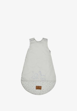 Gray sleeping bag with blue dinosaur print and dotted pattern at the base. Features snap buttons at the shoulders and a textured fabric.